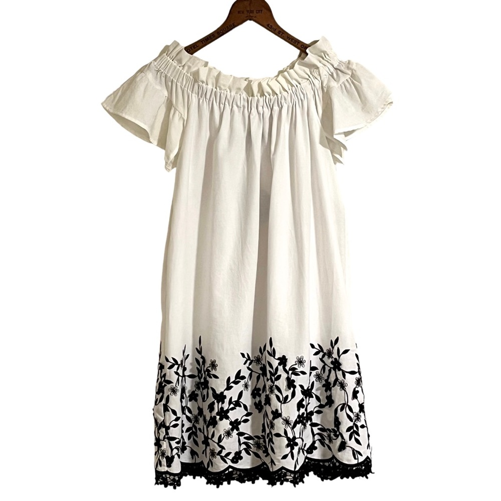 White with black embroidery cotton elestory dress with elastic ruffled neckline